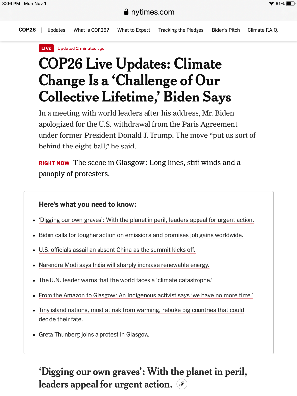 NYT - Nov 1 - Day 1 headlines from Glasgow Climate Summit.png